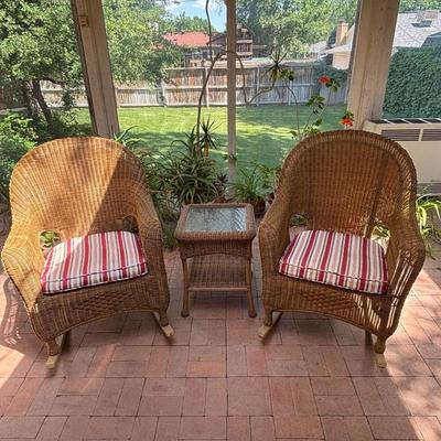Lot #114 - Vintage Wicker Rocking Chairs with Glass Top Side Table