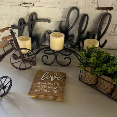 Various Decor Items with "Thankful" Wall Sign, Miniature Tricycle and More