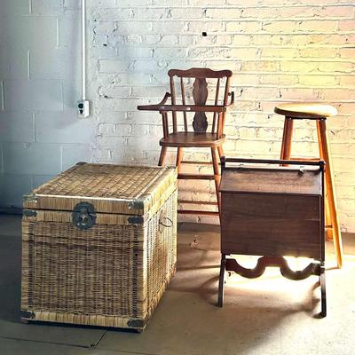 Child's Vintage Wooden High Chair, Wicker Trunk, Sewing Stand and Oak Stool