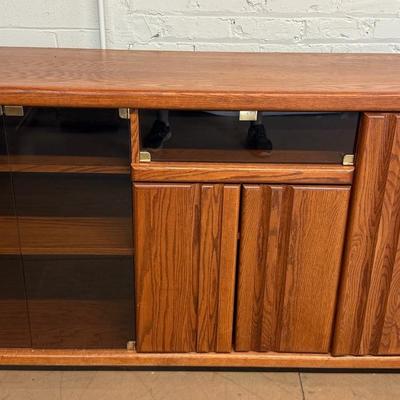 Vintage Oak Credenza With Storage & Smoke-Gray Glass Doors