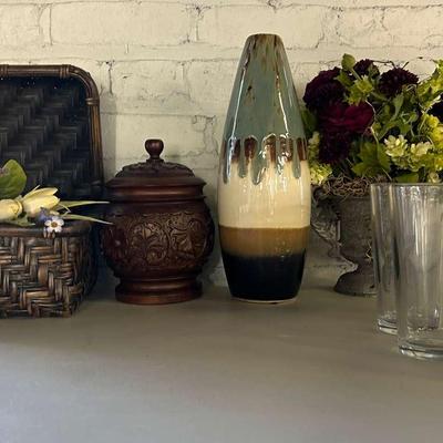 Various Decor Items with Glazed Ceramic Vase, Indonesian Carved Wood Jar, Faux Flowers and More