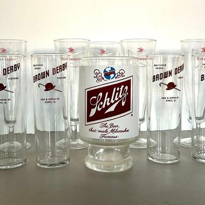 Vintage Barware with Budweiser Pilsner Glasses, Brown Derby Highball Glasses and a Schlitz Tip Jar