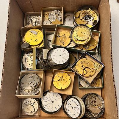 Box Of Antique Pocket Watch Movements & Parts, Elgin, Waltham & More