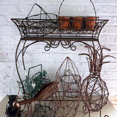 Metal & Wire Outdoor Decor/Yard Art Pieces (12) With Plant Stand, Baskets, Etc