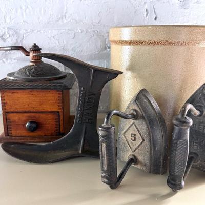 Antique Decor (5 Pieces) With Stoneware Crock, Coffee Grinder, Shoe Anvil, SAD Irons