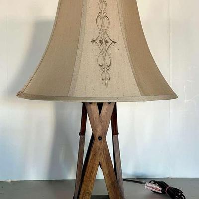 Faux Wood Architectural Lamp with Embroidered Shade