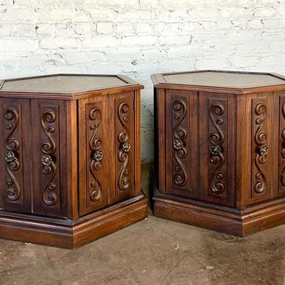 Pair of Vintage Walnut Finish Wood and Laminate Hexagonal End Tables