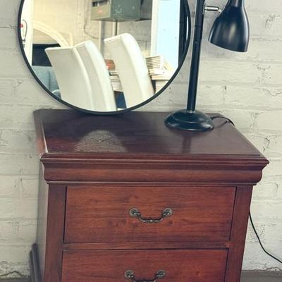 End Table Or Night Stand W/ Black Tone Mirror & Table Lamp