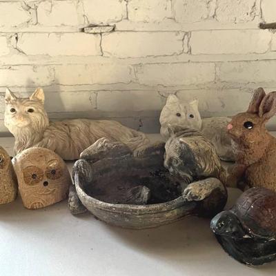 Concrete Yard Statues With Cats, Bunny And Animals, Vintage 