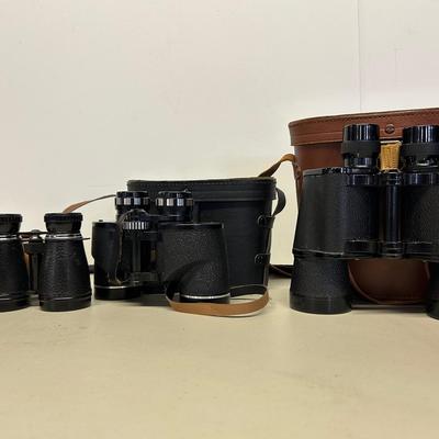 Binoculars with Vintage Mercury 7 x 50 Field Glasses, AMC 7 x 35 and Achromatic 9 x 40