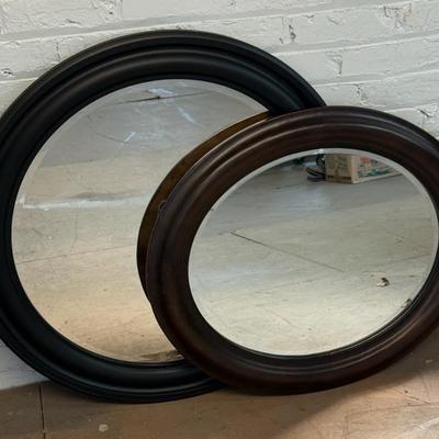 Pair (2) Wooden Framed Round Mirrors, Black & Dark Brown 