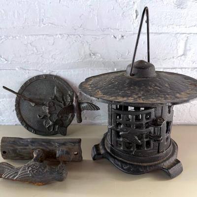 Garden Decor With Cast Iron Pagoda Lamp, Bird Knocker, Brass Sundial