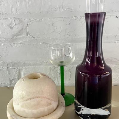 Exotic Collectible Decor (3 Pieces) With Egyptian Alabaster Candle Dome & Amethyst Gin Decanter