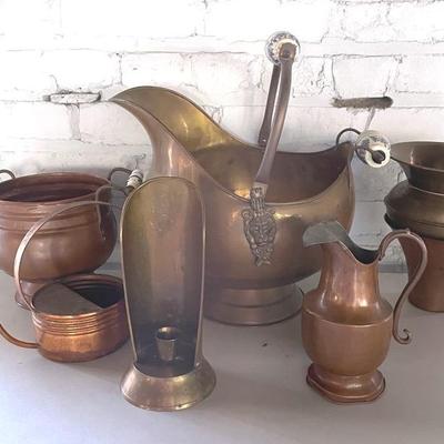 Brass And Copper Collection Of Pitcher, Vase, Bucket, Watering Can And More