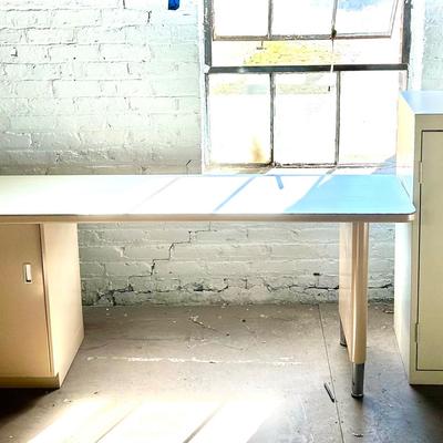 Vintage Steelcase Long Console or Desk with Cabinet and Another Sandusky Double Door Cabinet