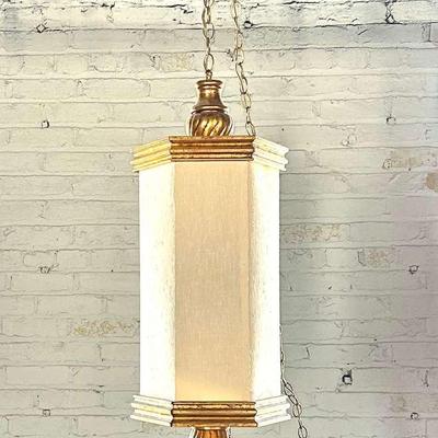 Vintage Giltwood and Linen Pendant Lamp, 1970s
