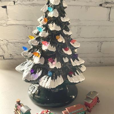 Ceramic Christmas Tree With Hallmark Train Ornaments 