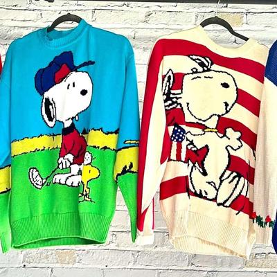 4 Vintage Hand-Knitted Peanuts Charlie Brown, Snoopy & Woodstock Cotton Sweaters