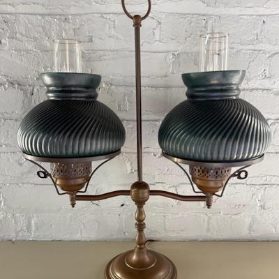 Antique Double Student Lamp, Converted To Electric, With Solid Brass Base & Green Glass Shades 