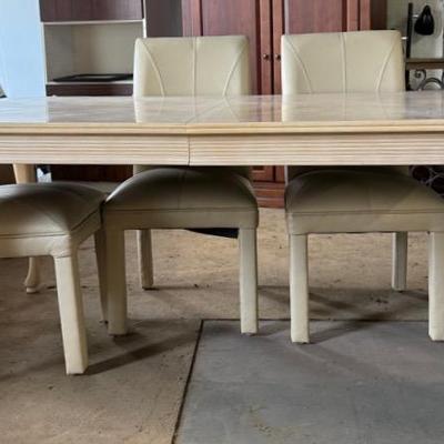 Queen Anne Style Pickle-Finish Dining Table and Parson Style Leather Chairs (6)