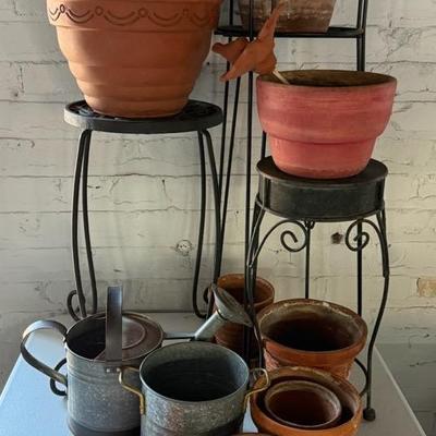 Outdoor Cast Iron & Metal Plant Stands (3) With Terra Cotta Pots, Etc