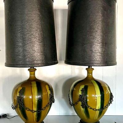 Pair Of Mid Century Modern / Spanish Revival Large Glazed Ceramic Table Lamps