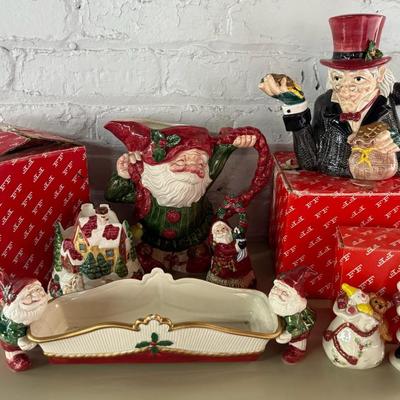 1980s-90s Fitz & Floyd Ceramic Christmas Decor (6 Pieces) W/ Scrooge, Elf, Santa, Etc