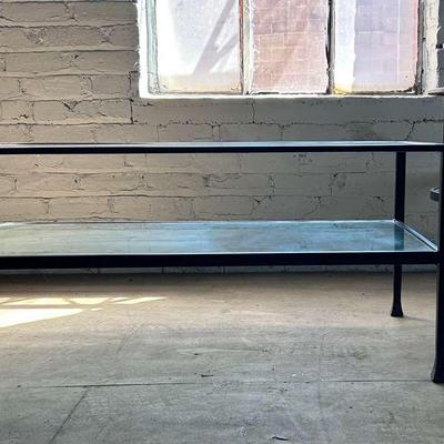 Contemporary Tempered Glass and Blackened Metal Coffee Table and End Table
