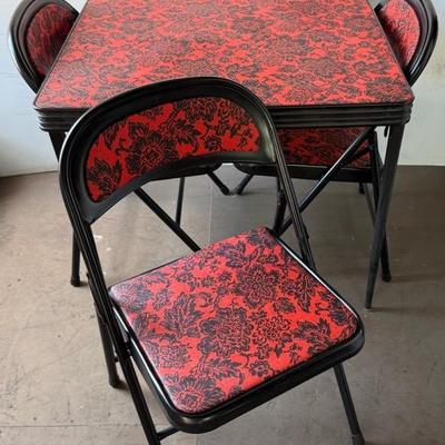 1970s Folding Card Table & 3 Chairs With Black and Red Vinyl Upholstered Tops