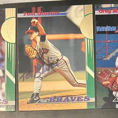 3 - 1993 Autographed Topps Stadium Club Baseball Cards, Maddux, Glavine, Smoltz 