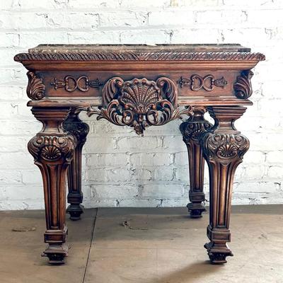 Baroque Style Tessellated Marble Top Carved Wood Side Table
