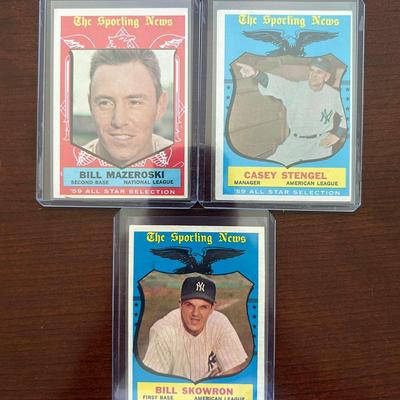 1959 Topps Baseball Cards. All Stars Bill Mazeroski, Bill Skowron, Casey Stengel