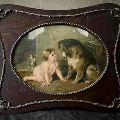 Victorian Chromolithograph “Can’t You Talk” after George Augustus Holmes, in Period Frame