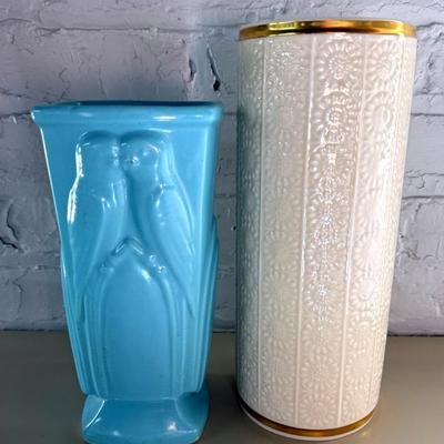 Art Pottery Vases (2) With Ransbottom RRP Art Deco ‘Love Birds’ In Blue, Plus Lenox 24K 