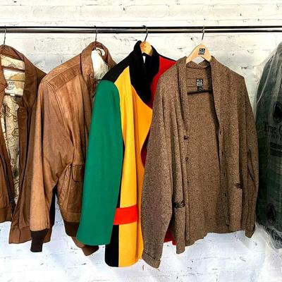Mens and Womens Coats with Oleg Cassini, Two Leather Bomber Jackets, Jos. A Bank Sweater and More