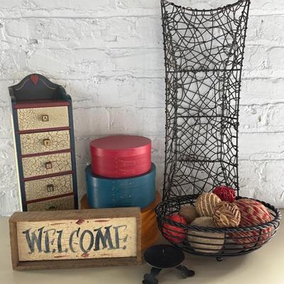 Primitive Home Decor (8+ Pieces) With Wire Baskets, Wood Shelf, Nesting Boxes 