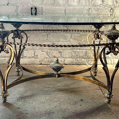 Beveled Edge, Tempered Glass and Gilt Iron Coffee Table