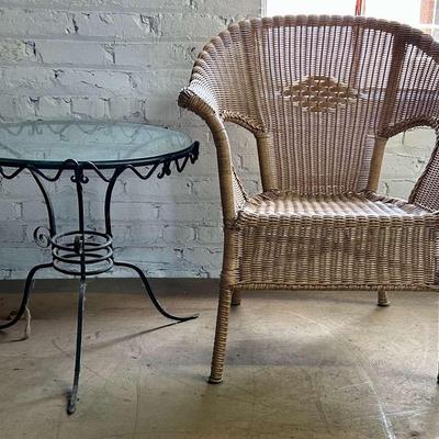All Weather Wicker Armchair with Wrought Iron and Glass Side Table