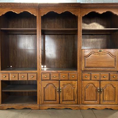 Faux Wood Finish Wall Unit with Bookshelves and Drop-Down Desk