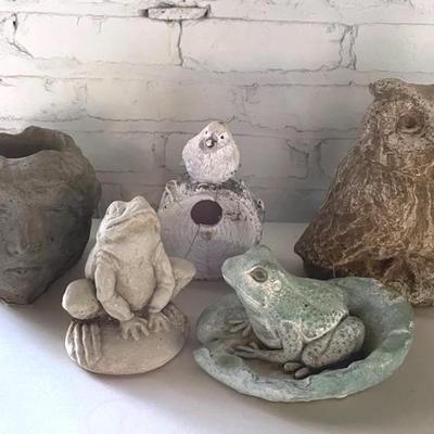 Vintage Concrete Garden Decor With Head Planter, Frogs And Owl