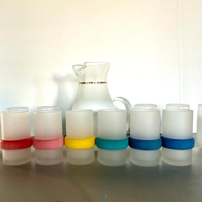 Vintage Glassware with a Frosted Rainbow Set and Pitcher with Glasses