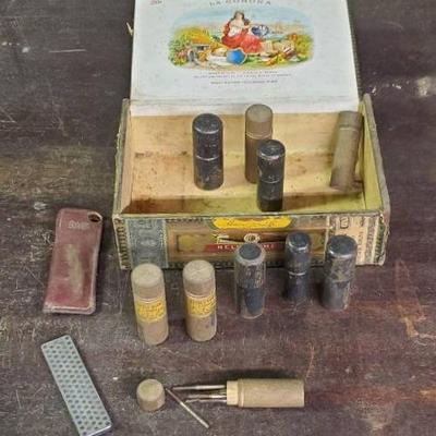(10) Vintage Wooden Drill Bit Tubes and Blade Sharpener
