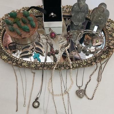 STERLING SILVER NECKLACES, PANDORA RING AND BRACELET 