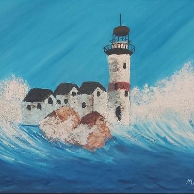 LIGHTHOUSE PAINTING SIGNED BY ARTIST MALA