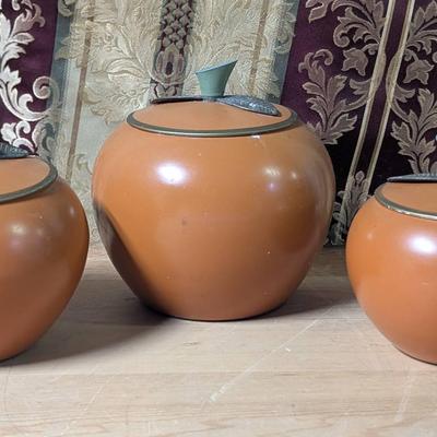 Orange Kitchen Canisters Aluminum Metal Cookie Jars w/ Brass Handles - Vintage MCM 1960s 