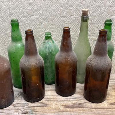 Green and Brown Glass Bottle Lot - Soda Beer and Wine Vintage Collectible Bottle - 9 Pieces