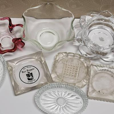 Glassware Lot - Glass Bowls Candlesticks Ashtrays Relish -Vintage