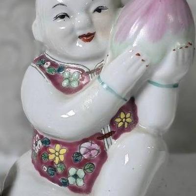 Laughing Buddha Holding Lotus Bud Ceramic 