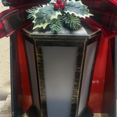 LED Lanterns with Holly Accent and Plaid Bow 18" - 2 pc