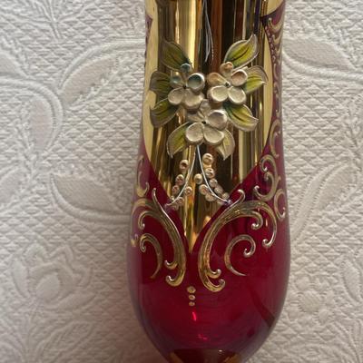 Bohemian Ruby Red Glass Vase with Hand Painted Floral Accents 